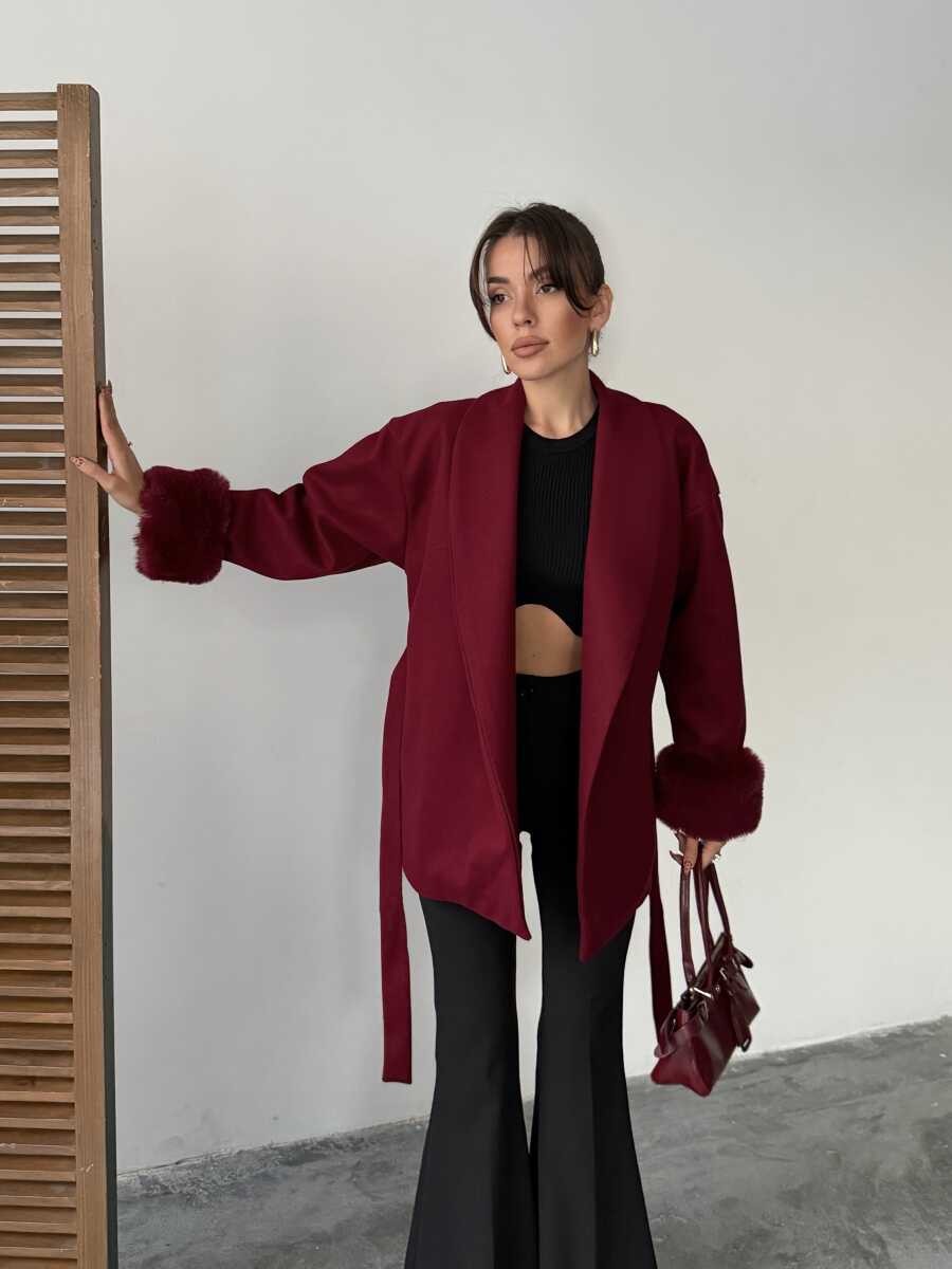 Kürk Detaylı Kemerli Kadın Ceket - Bordo