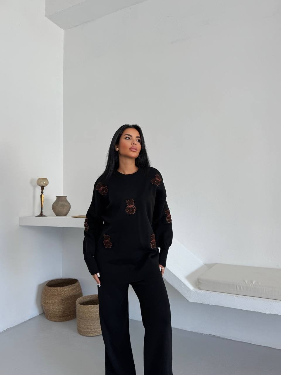 Siyah Ayıcık Desenli Oversize Triko Takım - Siyah