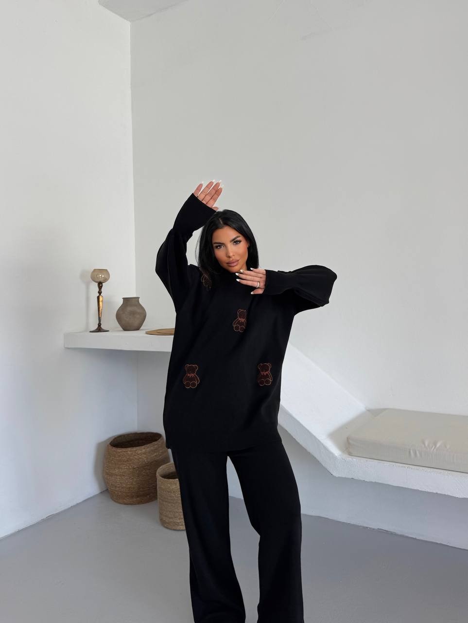 Siyah Ayıcık Desenli Oversize Triko Takım - Siyah