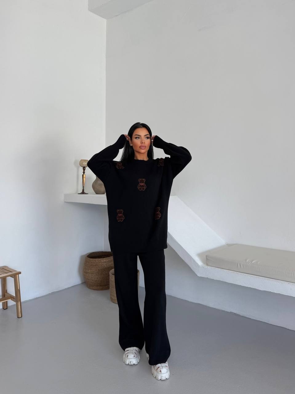 Siyah Ayıcık Desenli Oversize Triko Takım - Siyah
