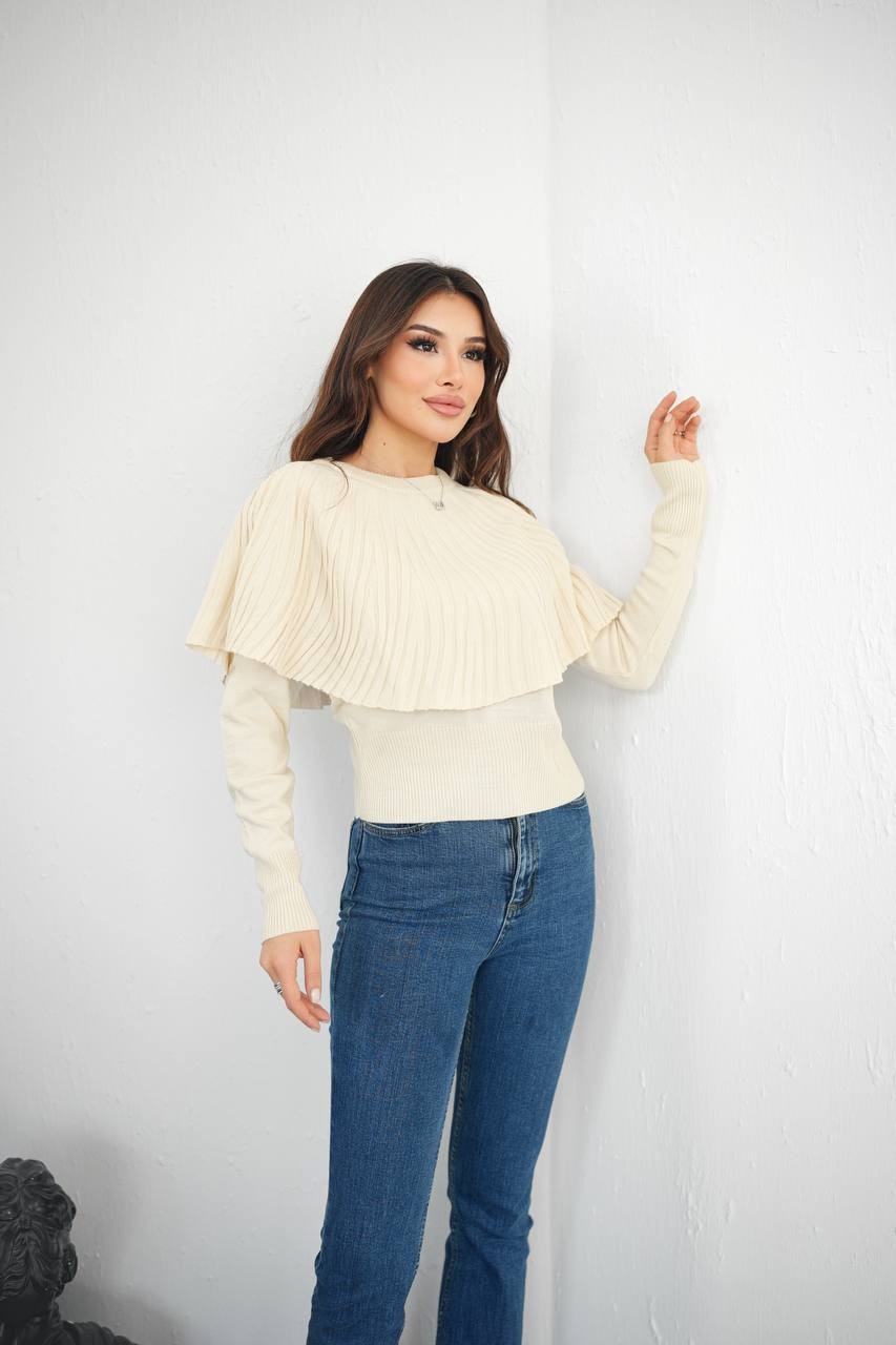 Piliseli Pelerin Detaylı Triko Bluz - Ekru