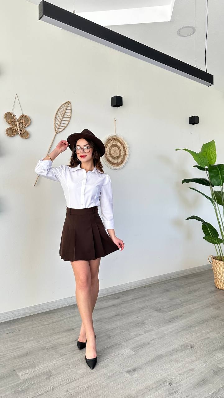 Yüksek Bel Pileli Kahverengi Şort Etek – A Kesim Mini Skort - Kahverengi
