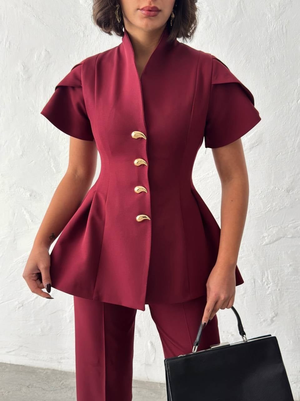 Gold Düğme Detaylı Peplum Kesim Şık Kadın Takım - Bordo