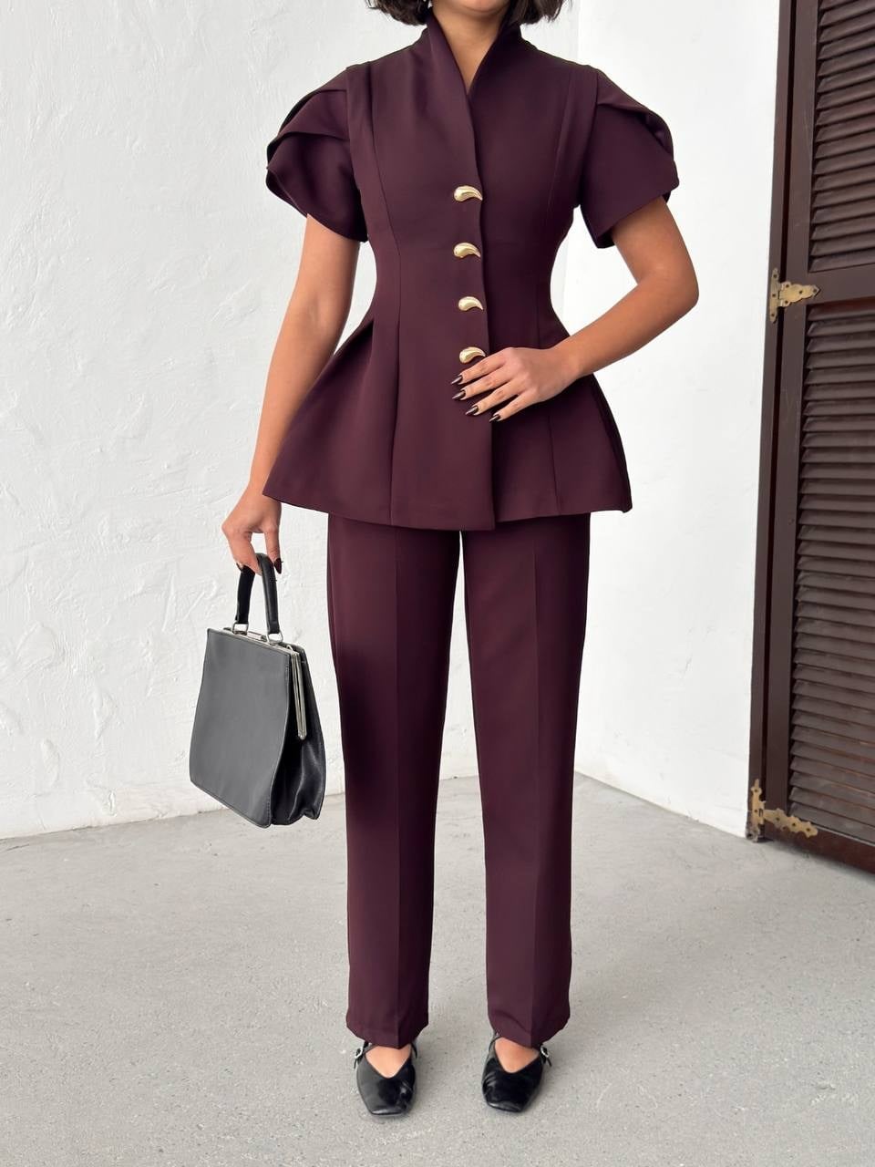 Gold Düğme Detaylı Peplum Kesim Şık Kadın Takım - Mürdüm