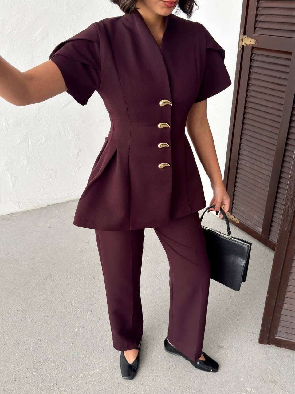 Gold Düğme Detaylı Peplum Kesim Şık Kadın Takım - Mürdüm