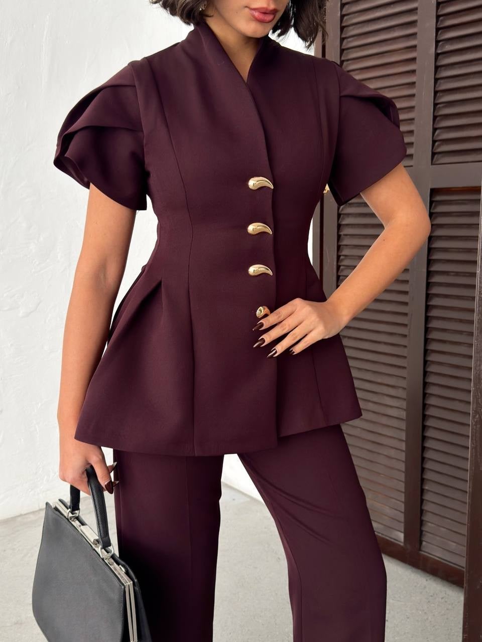 Gold Düğme Detaylı Peplum Kesim Şık Kadın Takım - Mürdüm