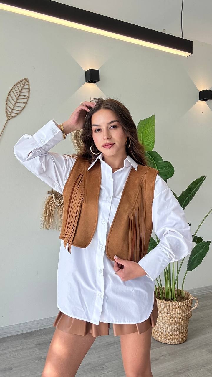 Püskül Detaylı Modern Yelek – Güçlü ve Özgür Stil-Taba - Taba