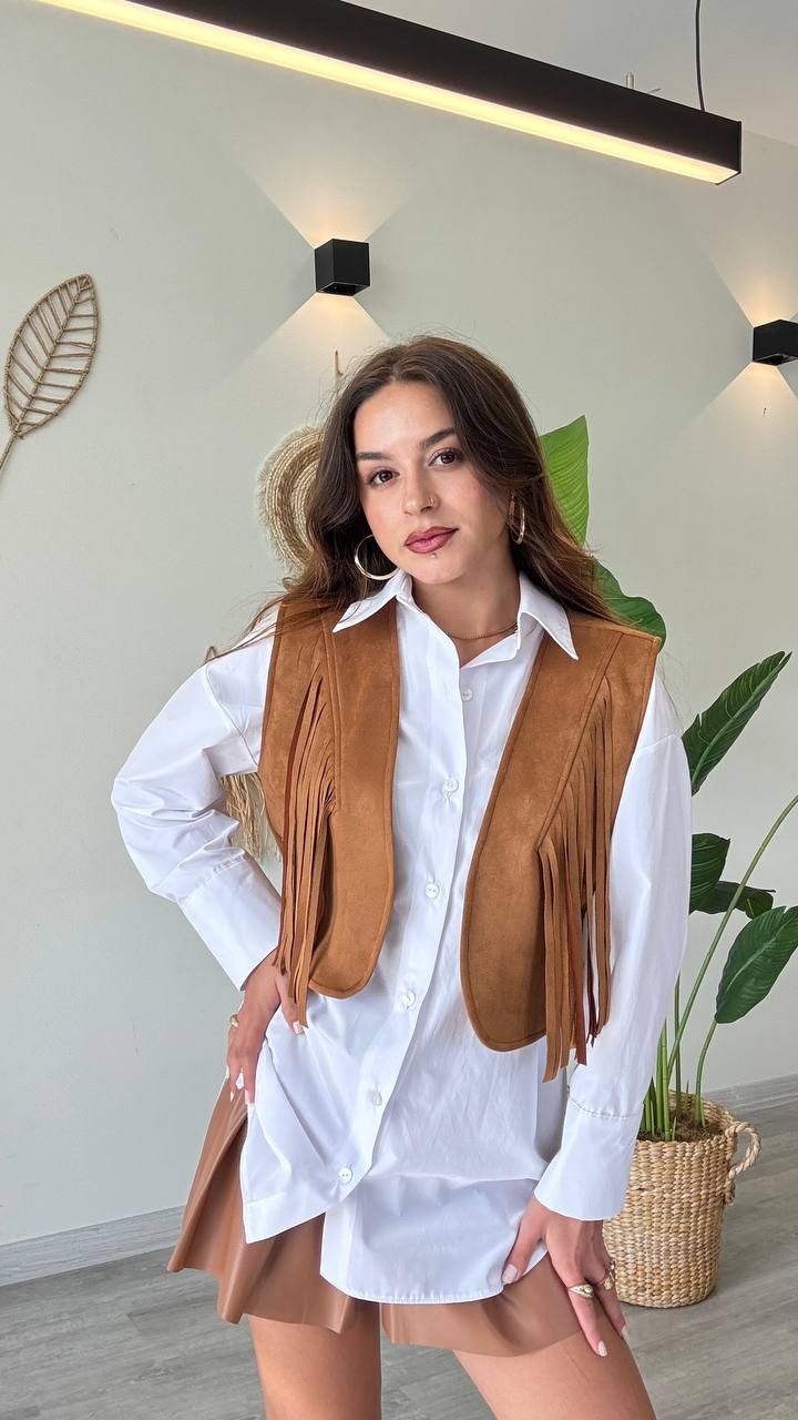 Püskül Detaylı Modern Yelek – Güçlü ve Özgür Stil-Taba - Taba