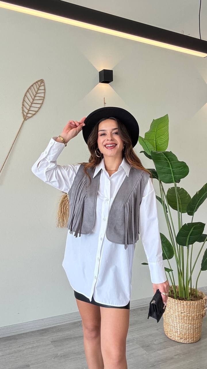 Püskül Detaylı Modern Yelek – Güçlü ve Özgür Stil-Gri - Gri