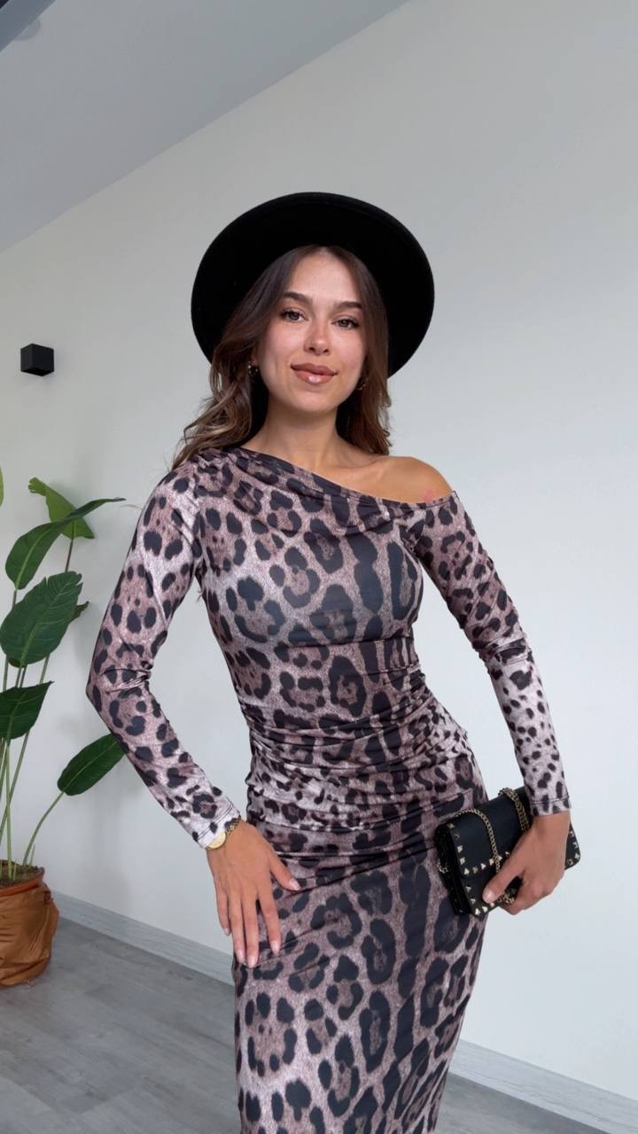 Tek Omuz Leopar Desenli Midi Elbise - Leopar