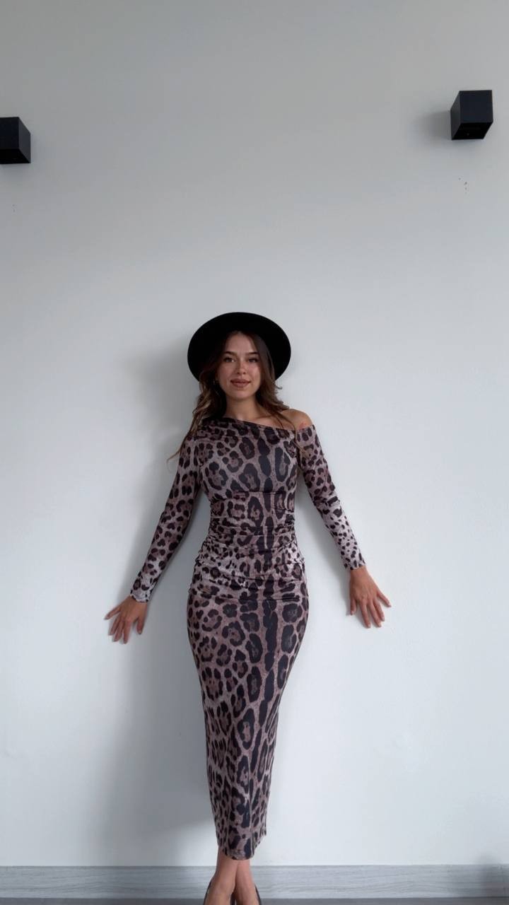 Tek Omuz Leopar Desenli Midi Elbise - Leopar