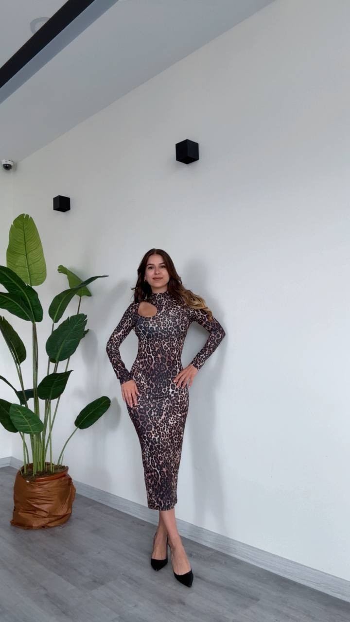 Kadın Leopar Desenli Uzun Kollu Cut-Out Elbise - Leopar