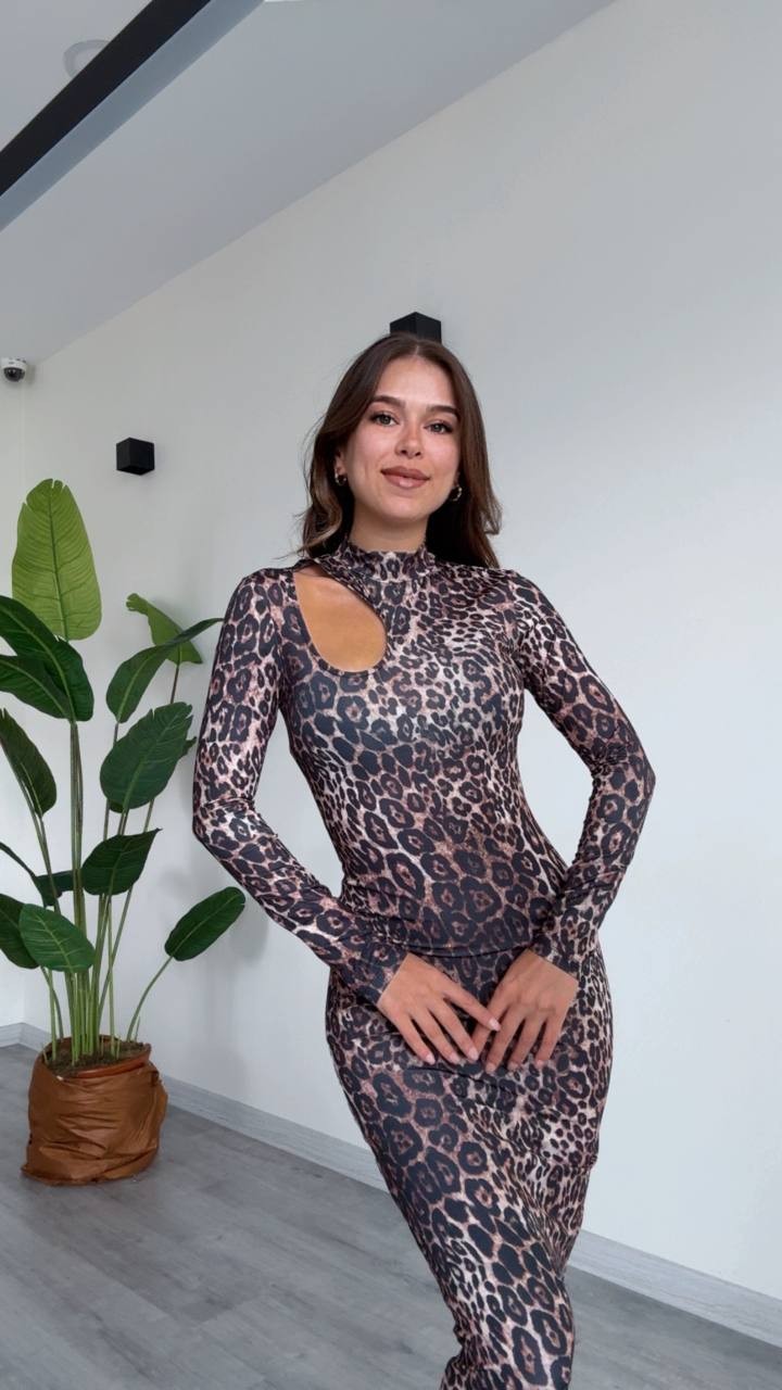 Kadın Leopar Desenli Uzun Kollu Cut-Out Elbise - Leopar