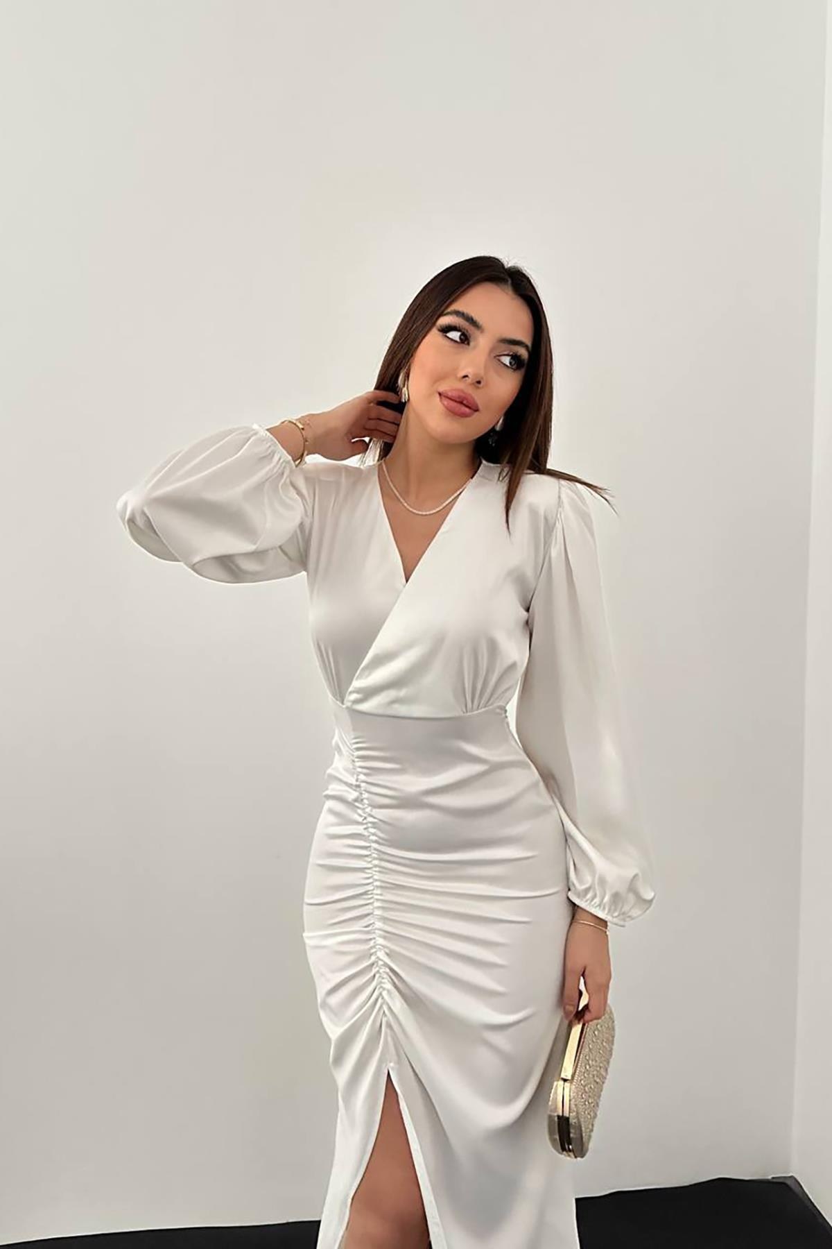 Beyaz V Yaka Saten Elbise - Beyaz