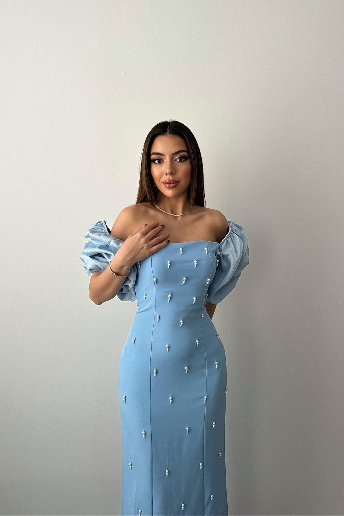 Bebe Mavi İşlemeli Kolu Garnili Elbise - Bebe Mavi