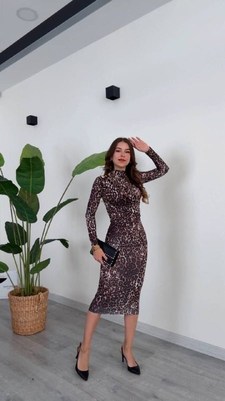 Leopar Desenli Uzun Kollu Şık Elbise - Leopar