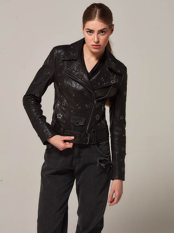 Hakiki Deri Yıldız Detaylı Kadın Biker Ceket – Siyah | Premium Moto Stil
