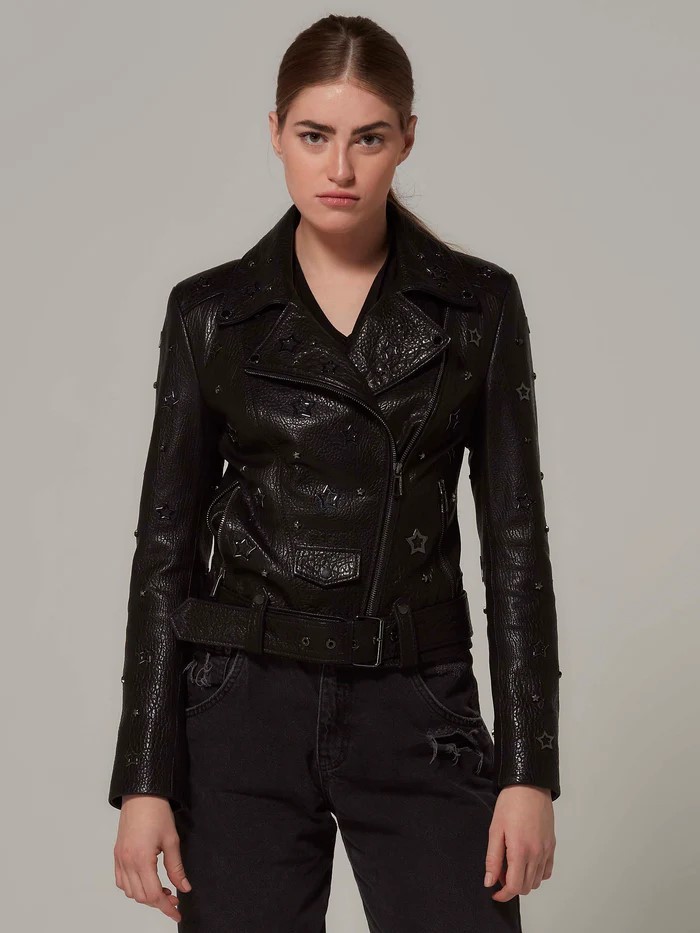 Hakiki Deri Yıldız Detaylı Kadın Biker Ceket – Siyah | Premium Moto Stil