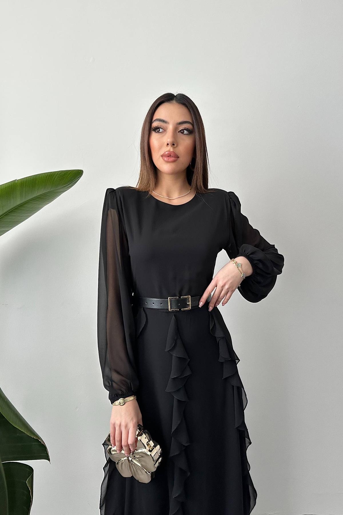 Siyah Kemerli Şifon Elbise - Siyah