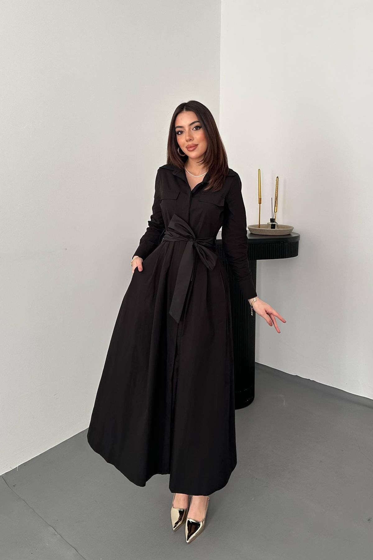 Siyah Düğmeli Poplin Elbise - SİYAH
