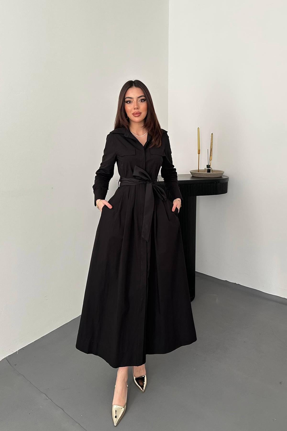 Siyah Düğmeli Poplin Elbise - SİYAH