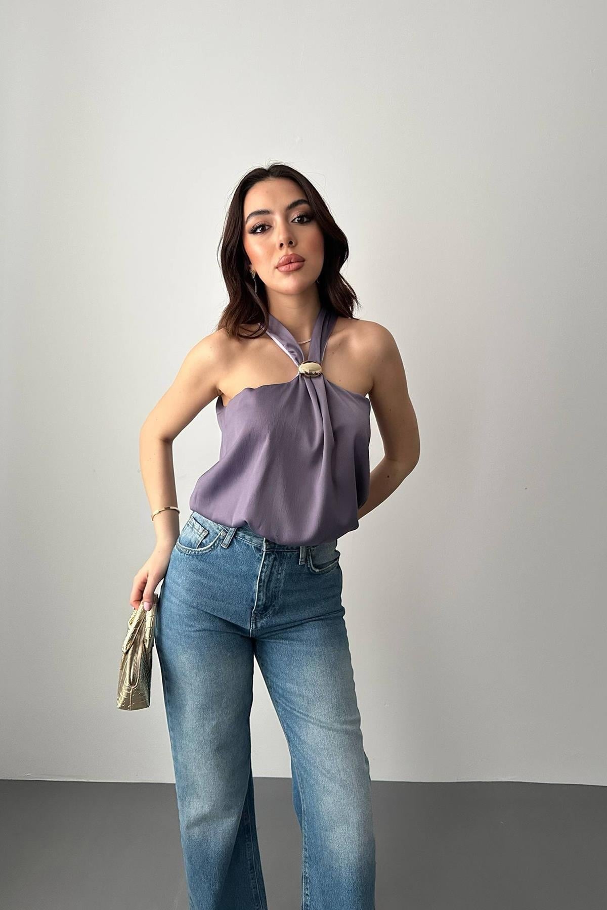 Lila Toka Detaylı Bluz - Lila
