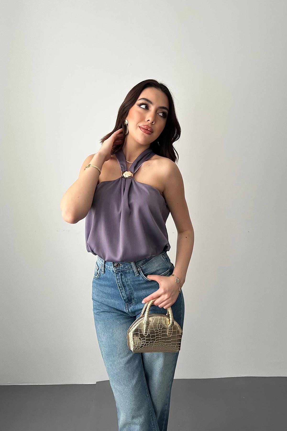 Lila Toka Detaylı Bluz - Lila