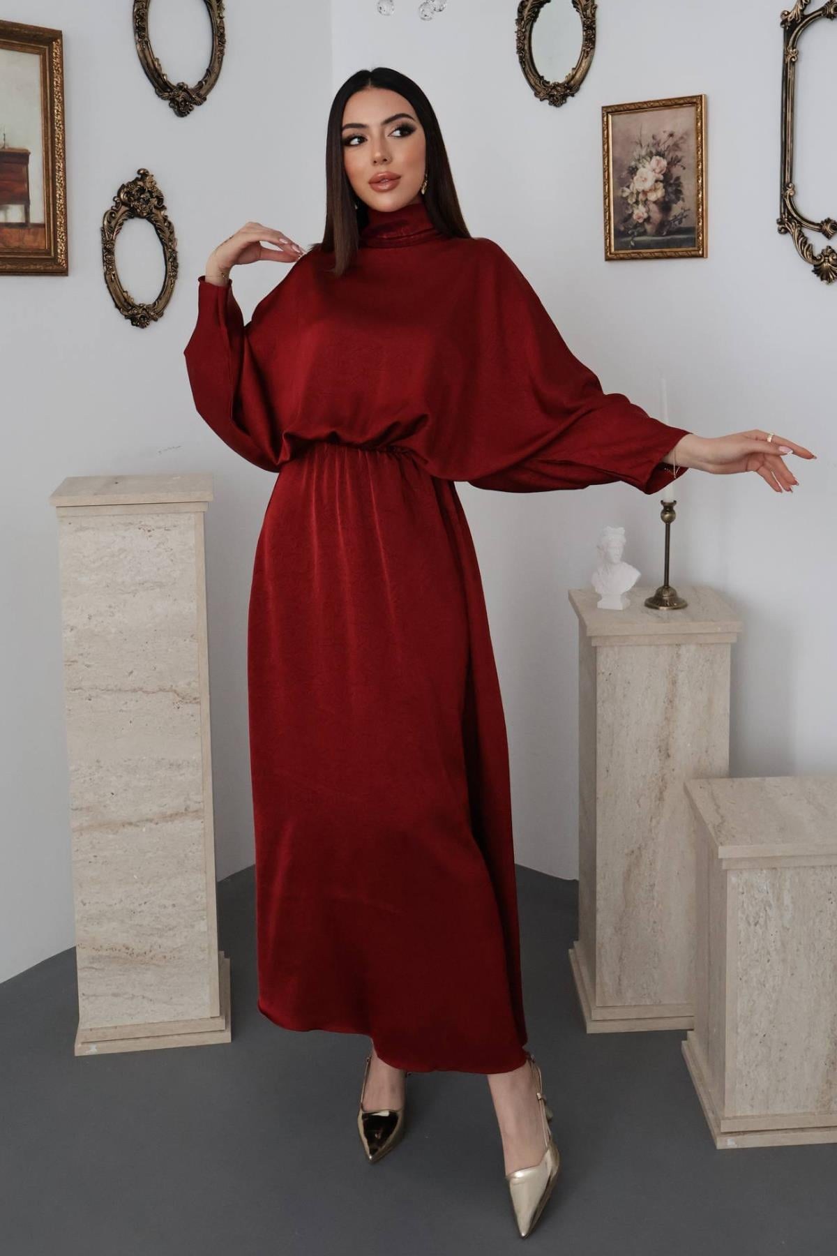 Bordo Jakarlı Saten Elbise - Bordo
