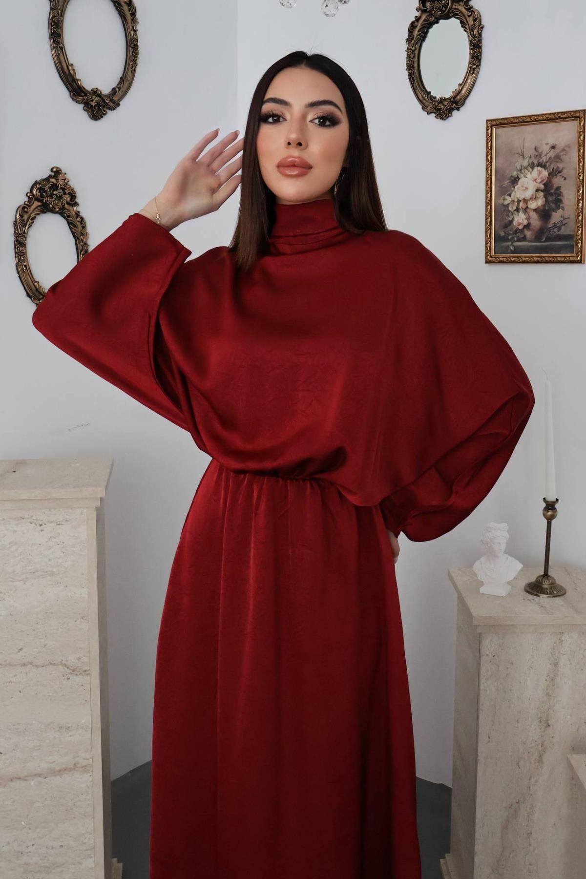 Bordo Jakarlı Saten Elbise - Bordo