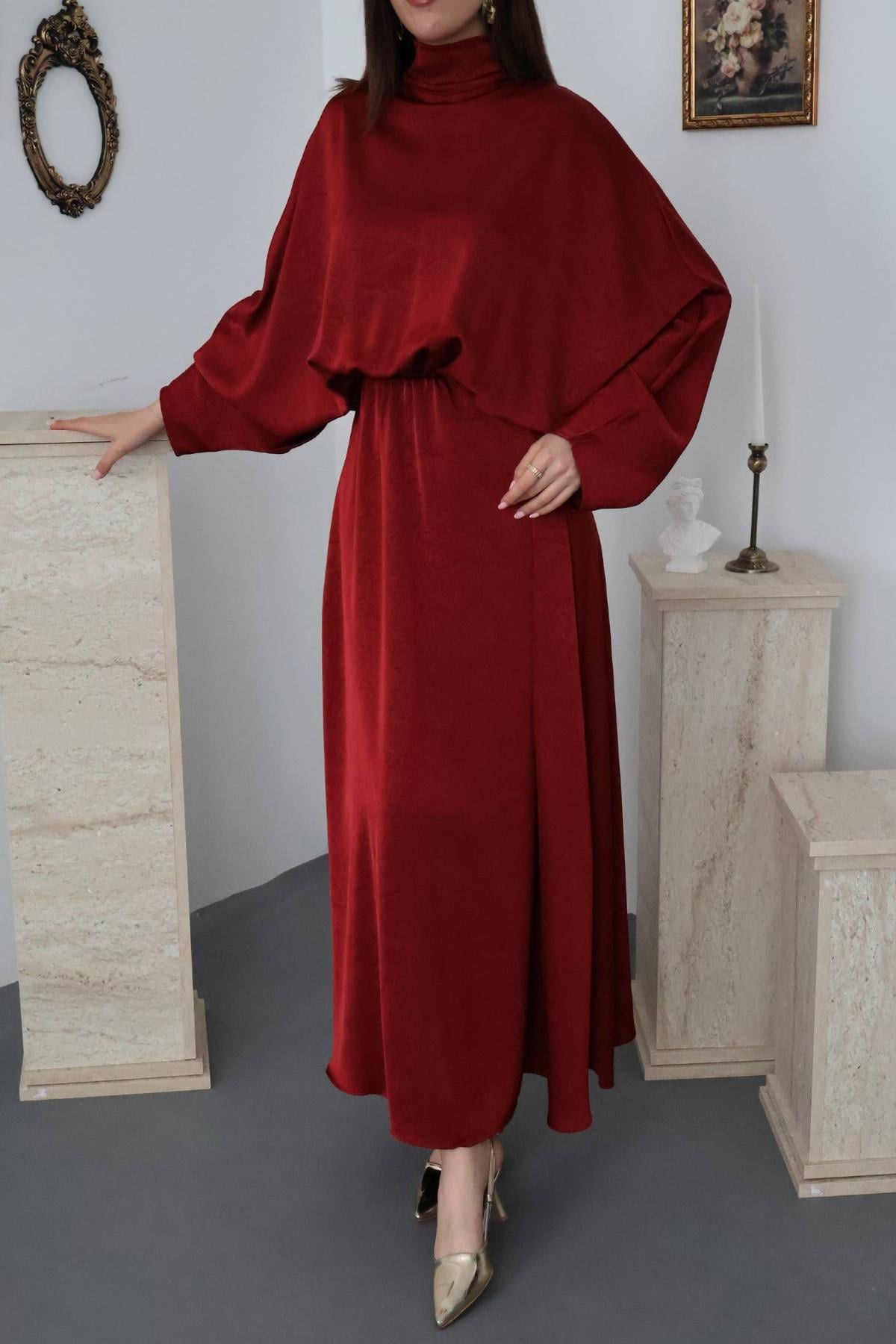 Bordo Jakarlı Saten Elbise - Bordo