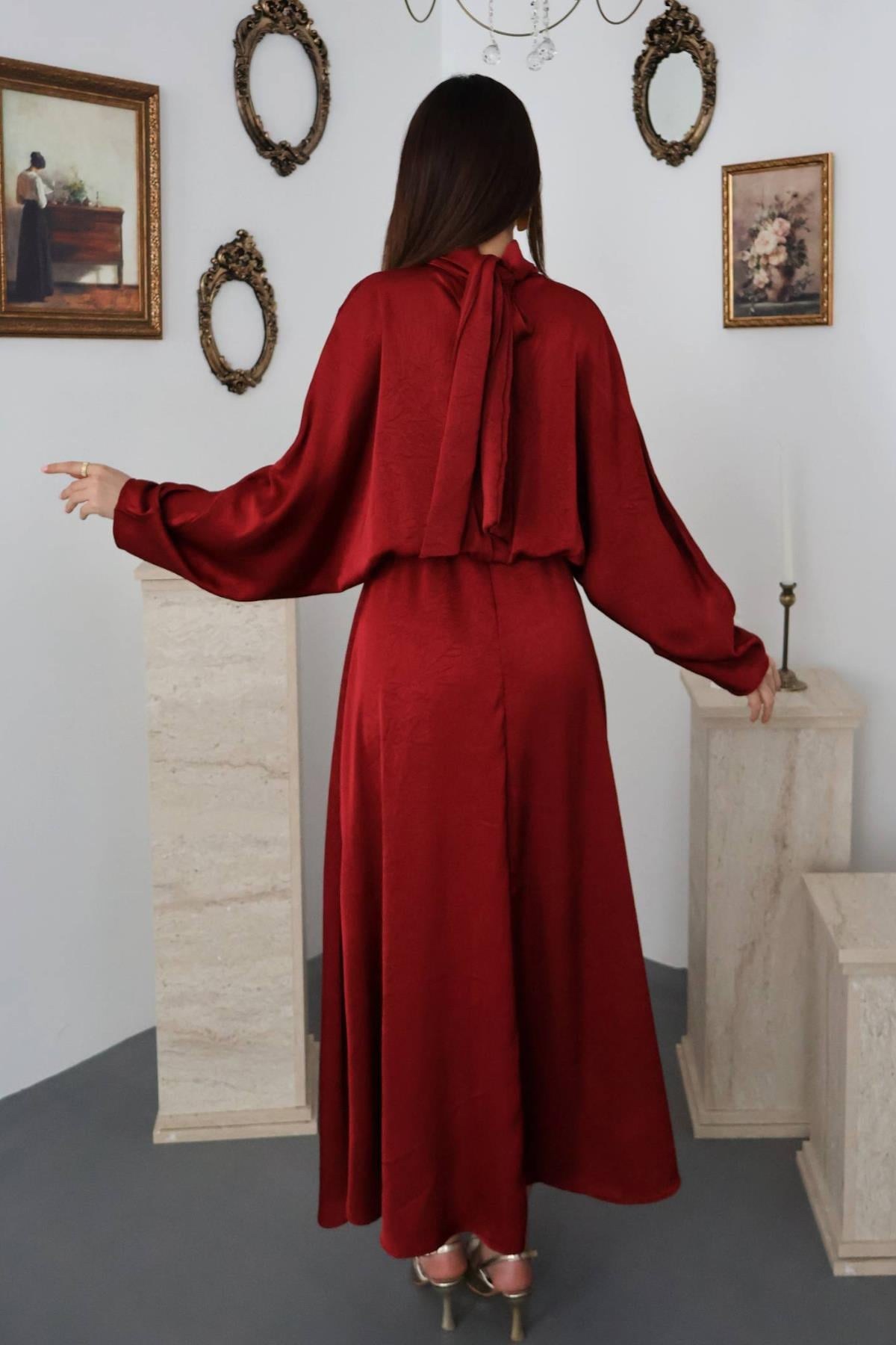 Bordo Jakarlı Saten Elbise - Bordo