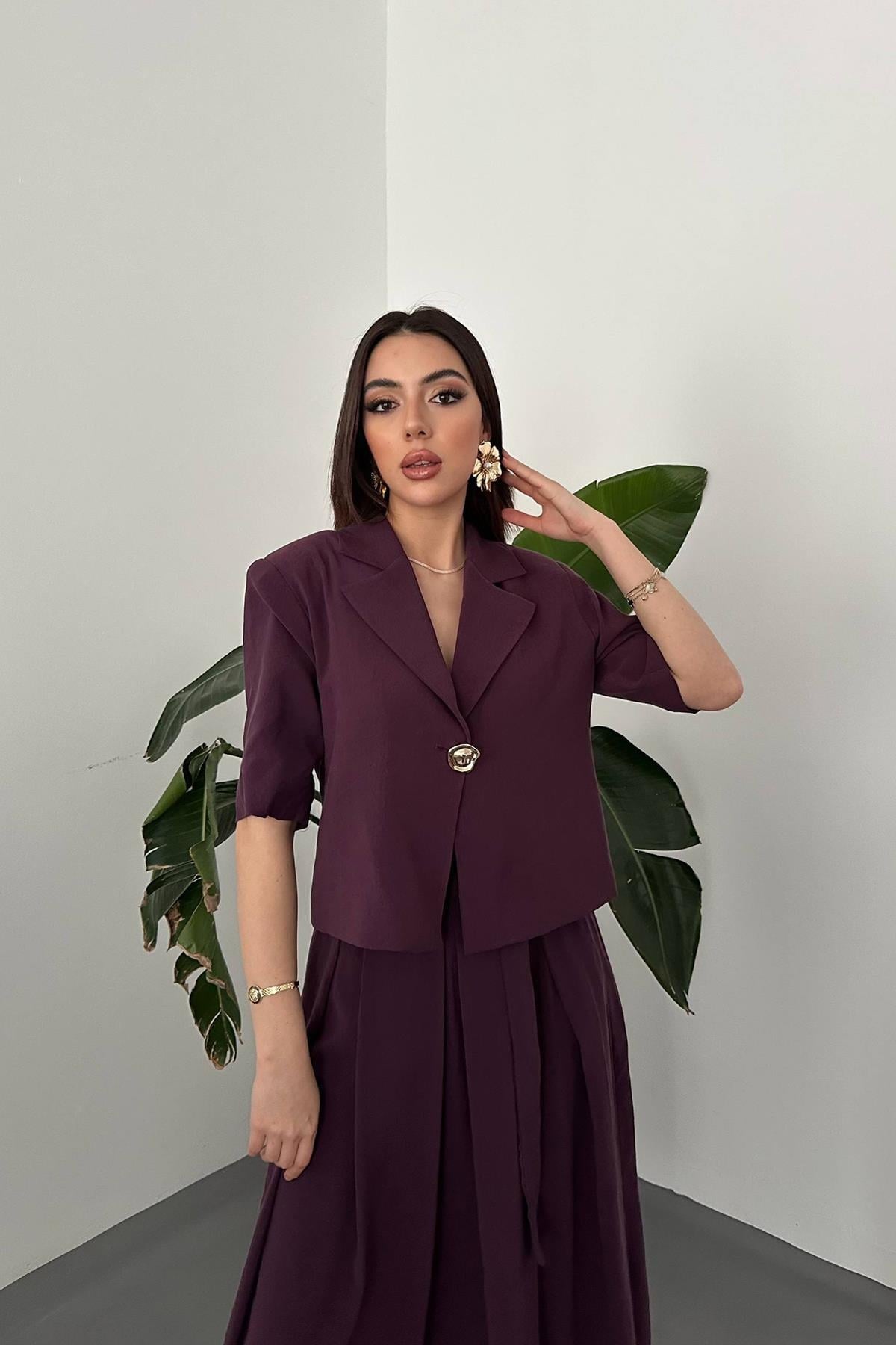 Mürdüm Tek Düğmeli Kısa Ceket Ve Etek Takım - Mürdüm