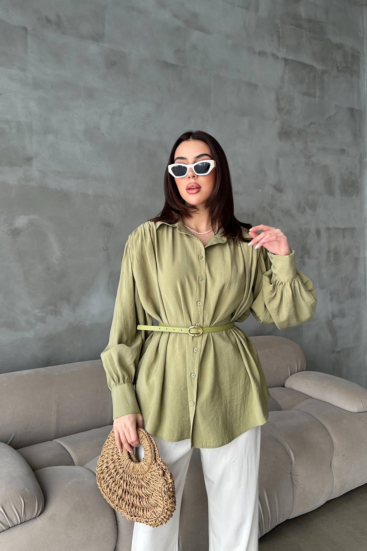 Olive Kemer Detaylı Modal Gömlek Yeşil