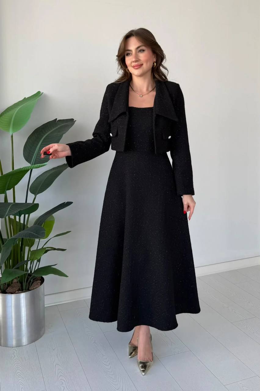 Zarafetin Modern Yorumu: Premium Dokulu Elbise & Ceket Takım Siyah