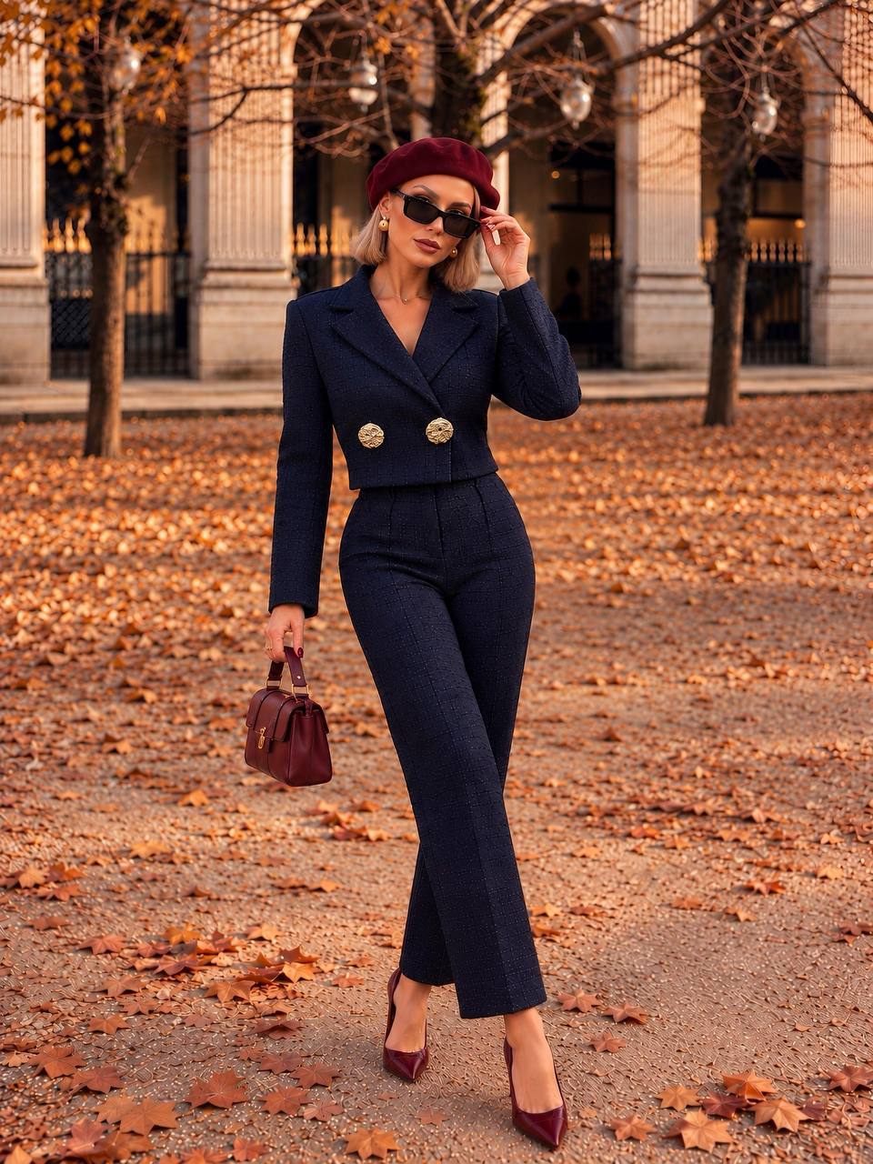 Gold Düğme Detaylı Crop Ceket Pantolon Takım Lacivert