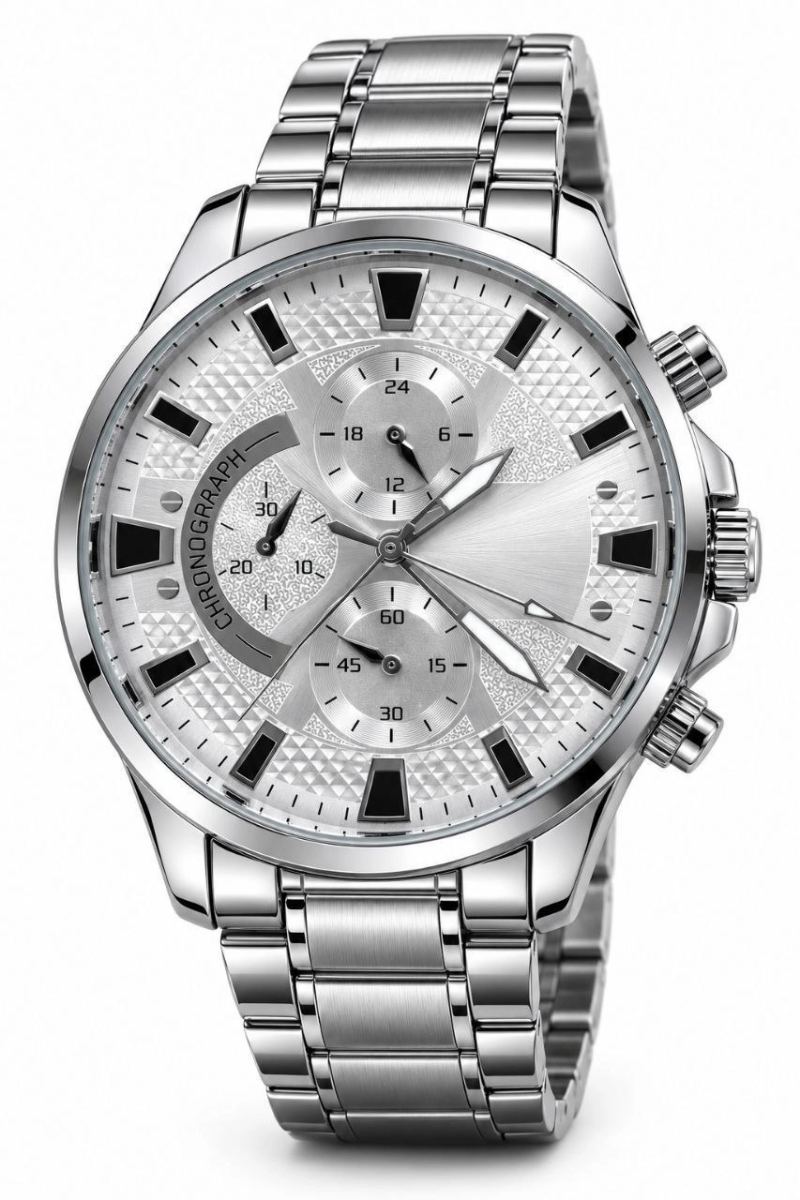 Erkek Gümüş Renk Metal Kordon Analog Kol Saati 24 Saat Takvim Göstergeli Gri Kadran - Gümüş