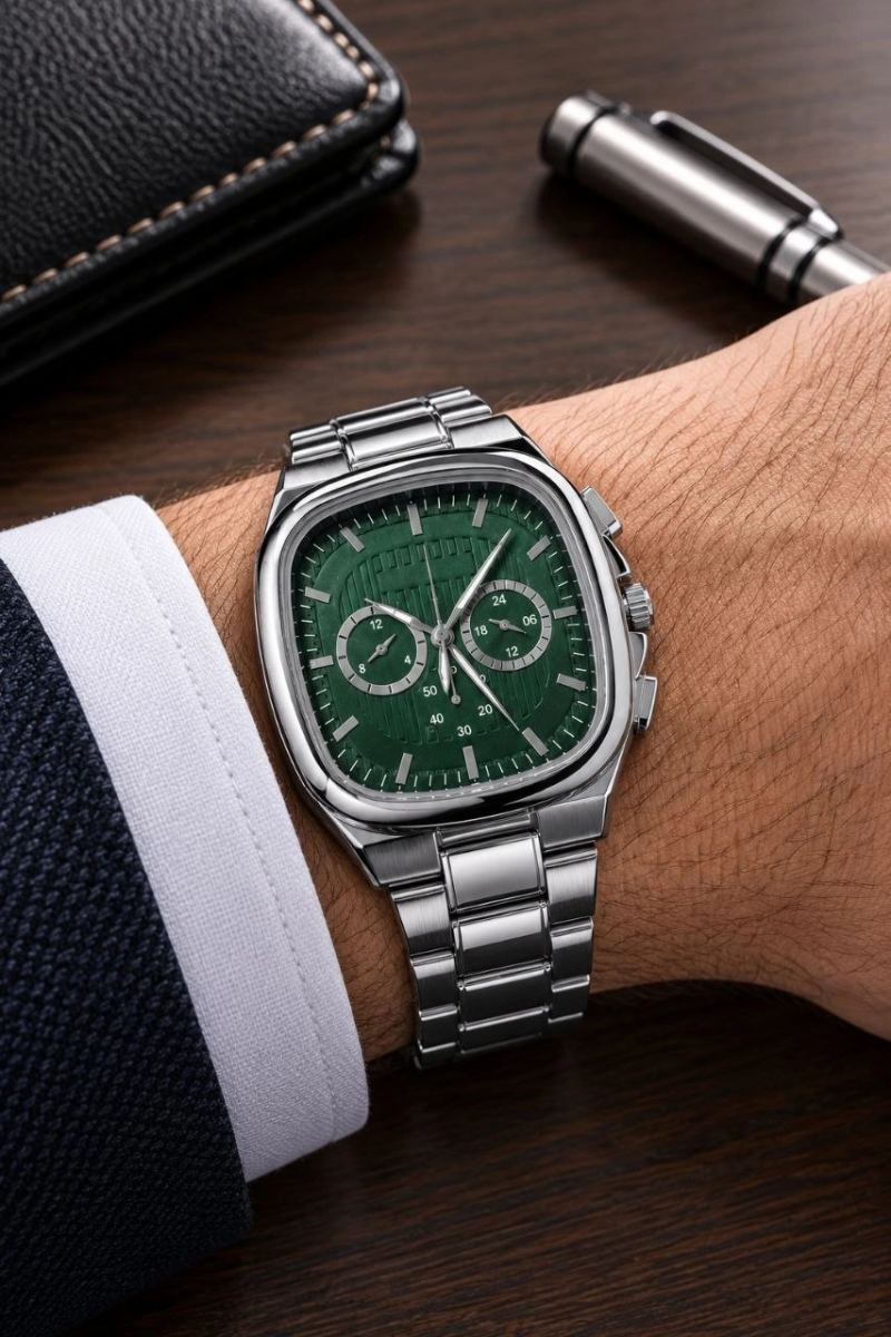 Erkek Gümüş Metal Kordon Analog Kol Saati Yeşil Kadran Takvim Göstergeli - Gümüş