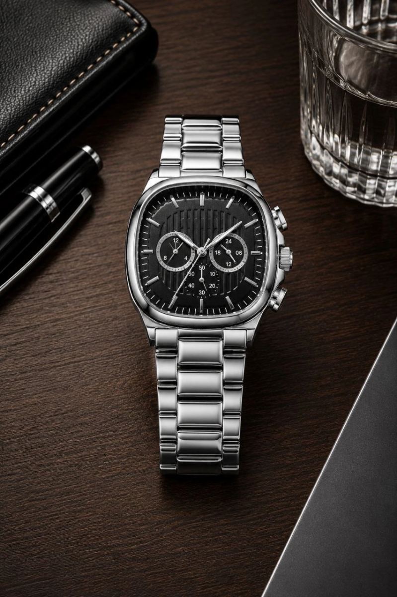 Erkek Gümüş Renk Metal Kordon Analog Kol Saati Siyah Kadran Takvim Göstergeli - Gümüş