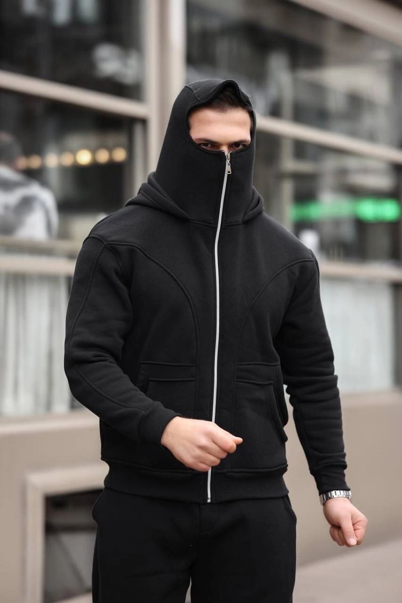 Erkek Maskeli Ninja Model Çift Kapüşonlu 3 İplik Şardonlu Fermuarlı Sweatshirt - Siyah
