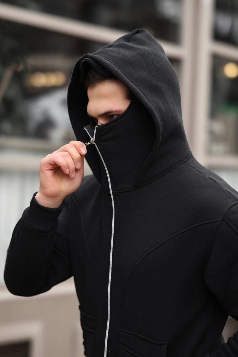 Erkek Maskeli Ninja Model Çift Kapüşonlu 3 İplik Şardonlu Fermuarlı Sweatshirt - Siyah