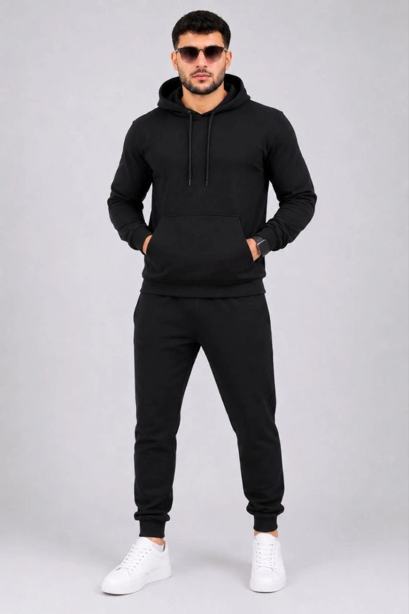 Erkek İki İplik Kapüşonlu Kanguru Cepli Sweatshirt Jogger Pantolon Alt Üst Eşofman Takımı -Siyah