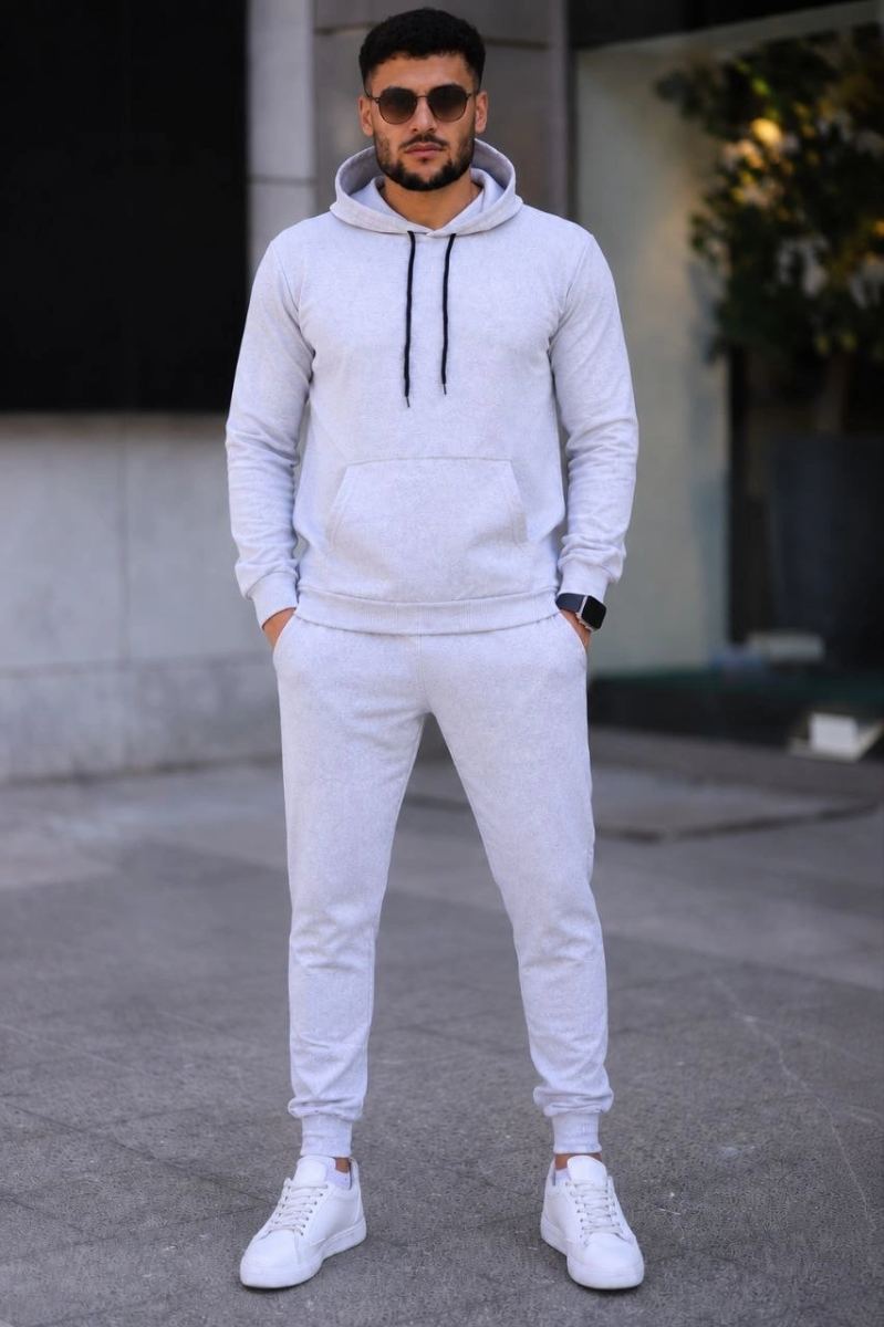 Erkek İki İplik Kapüşonlu Kanguru Cepli Sweatshirt Jogger Pantolon Alt Üst Eşofman Takımı -Beyaz