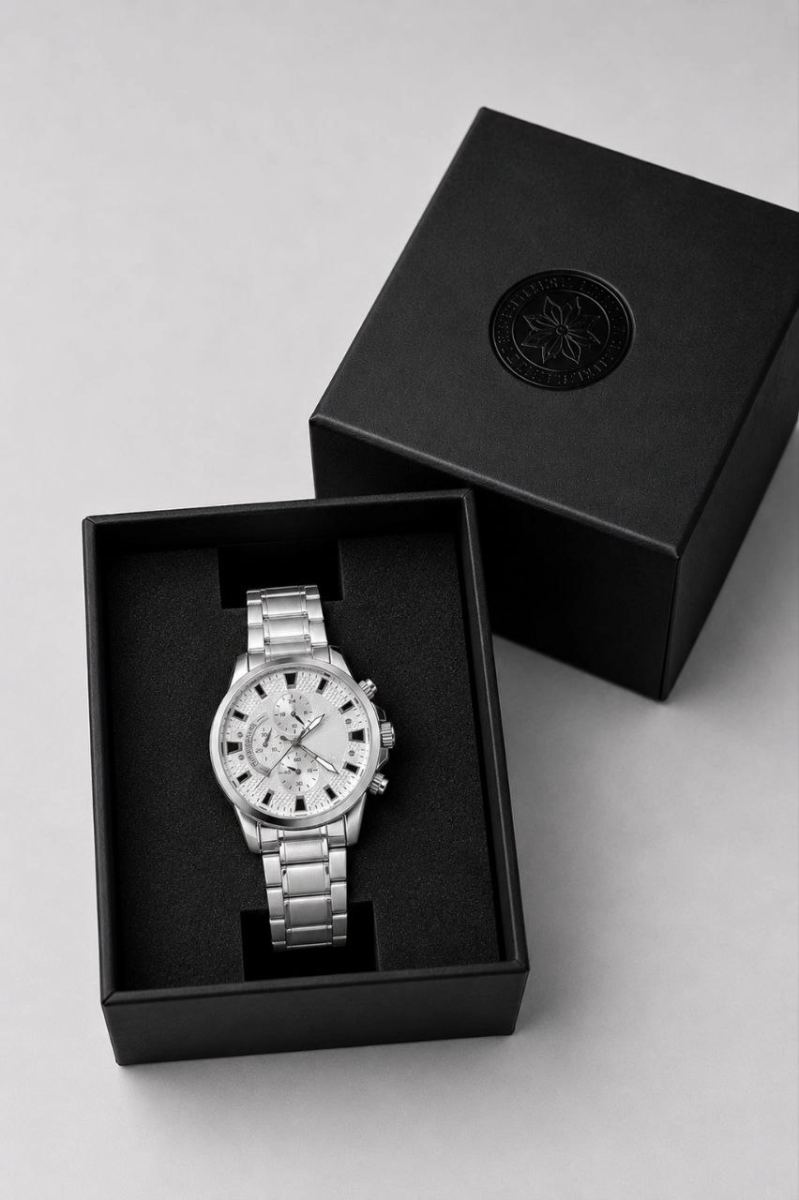 Erkek Gümüş Renk Metal Kordon Analog Kol Saati 24 Saat Takvim Göstergeli Gri Kadran - Gümüş
