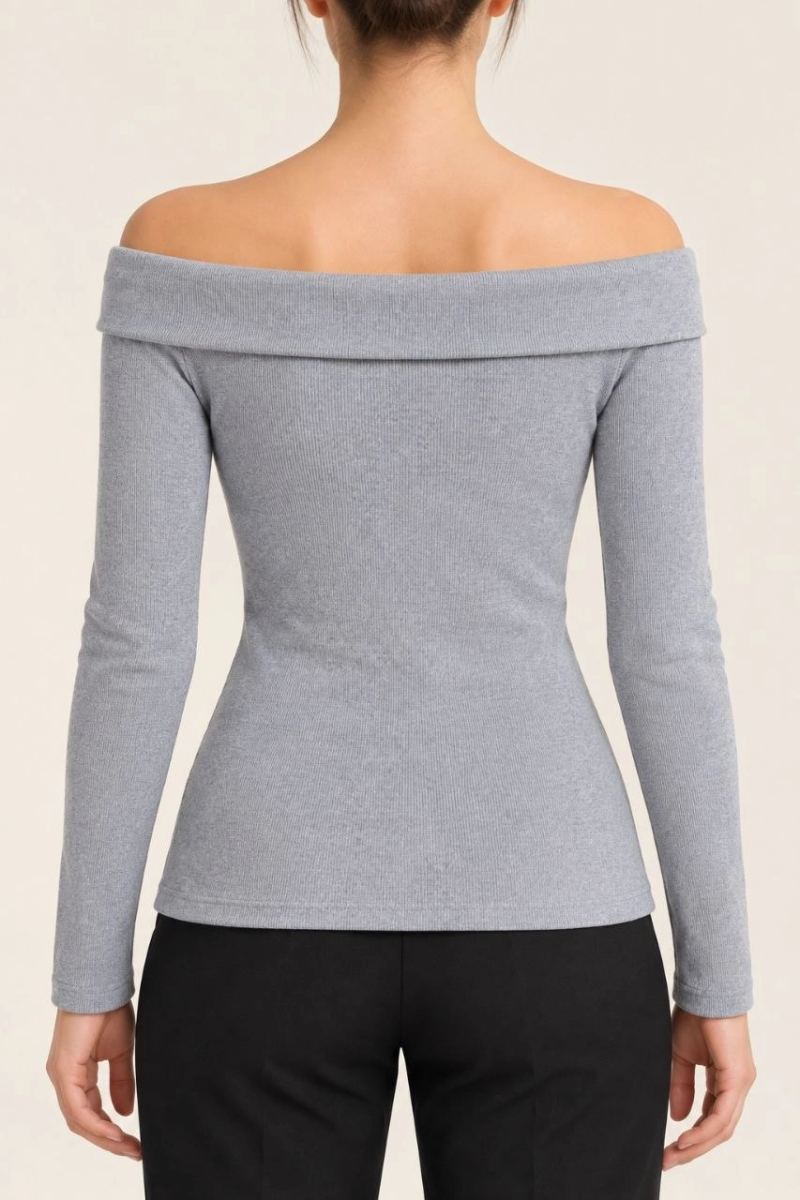 Kadın Gri Melanj Madonna Yaka Uzun Kollu Fitilli Likralı Kaşkorse Slim Fit Bluz - Gri