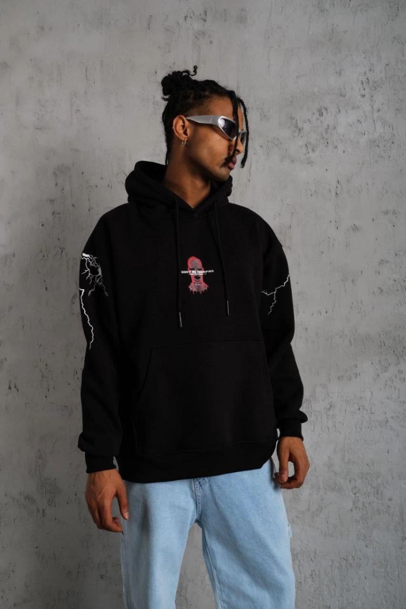 Erkek 3 İplik Pamuklu Kapüşonlu Baskılı Cepli Oversize Sweatshirt Hoodie - Siyah