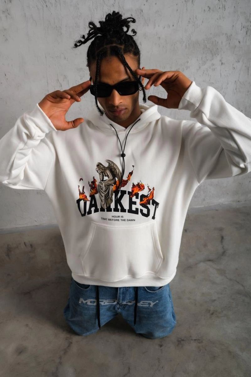 Erkek 3 İplik Pamuklu Kapüşonlu Baskılı Cepli Oversize Sweatshirt Hoodie - Beyaz