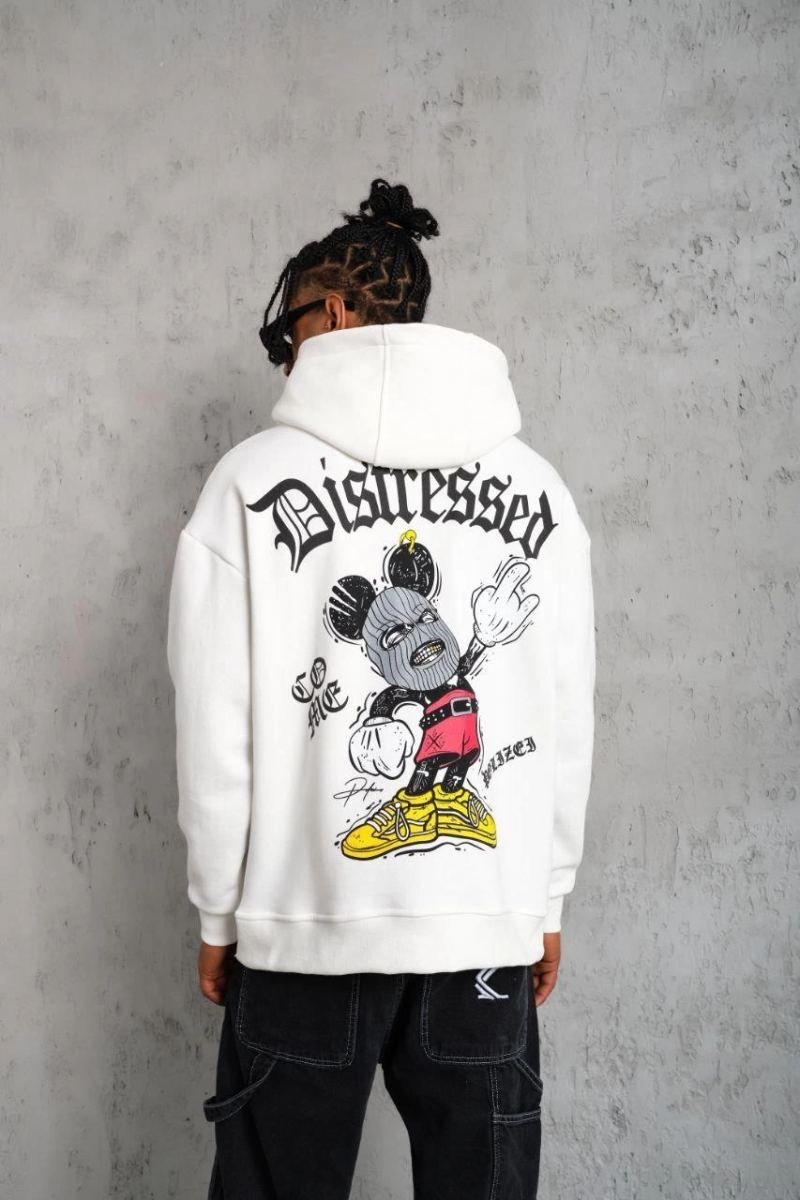 Erkek 3 İplik Pamuklu Kapüşonlu Baskılı Cepli Oversize Sweatshirt Hoodie - Beyaz