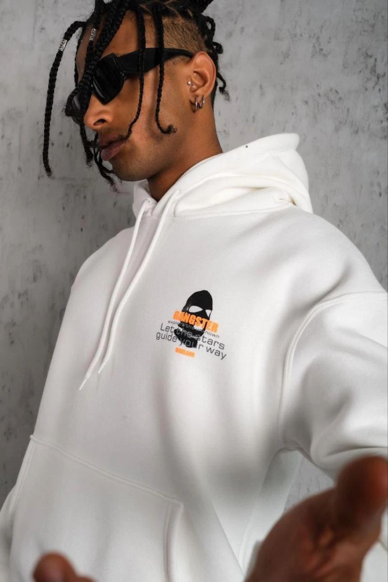 Erkek Maske Baskılı 3 iplik pamuklu Kapüşonlu Sweatshirt hoodie - Beyaz