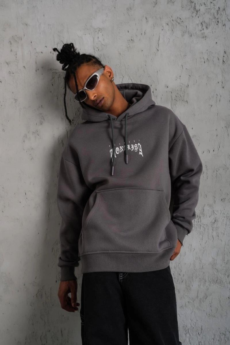 Erkek 3 İplik Pamuklu Kapüşonlu Baskılı Cepli Oversize Sweatshirt Hoodie - Gri