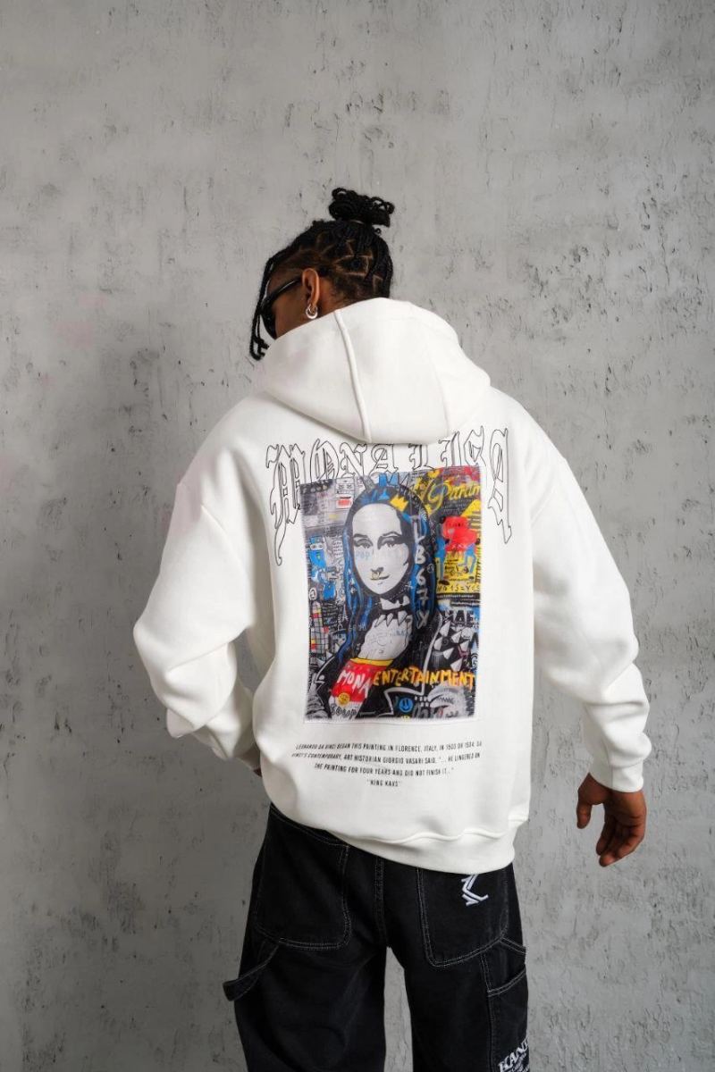 Erkek Baskılı Kapüşonlu ve Kanguru Cepli Sweatshirt hoodie - Beyaz